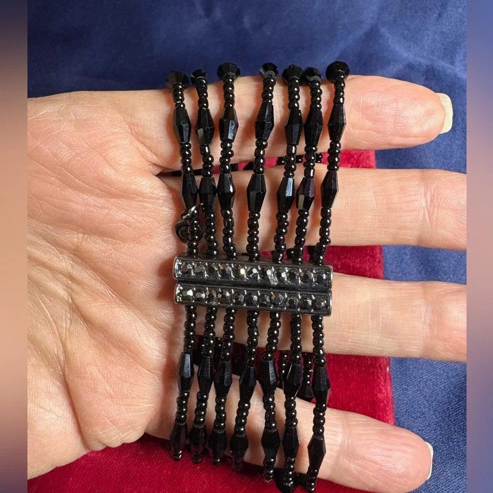 Bracelet Multi-strand Faceted Glass Bead Gun Metal Black Stretch